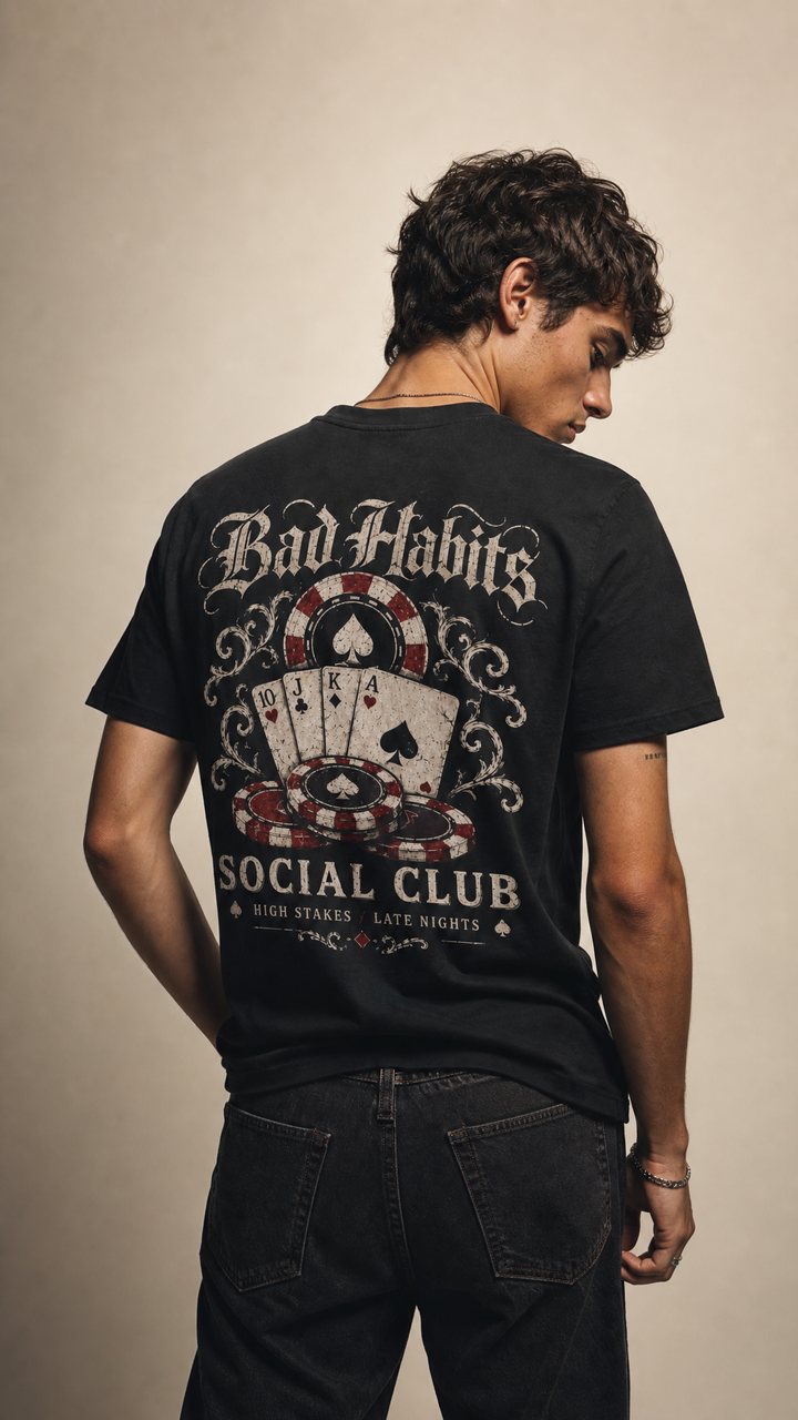 Bad Habits garment-dyed poker shirt product photo, Tilted Spades