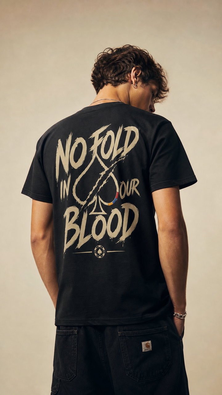 No Fold in Our Blood poker streetwear tee product photo, Tilted Spades