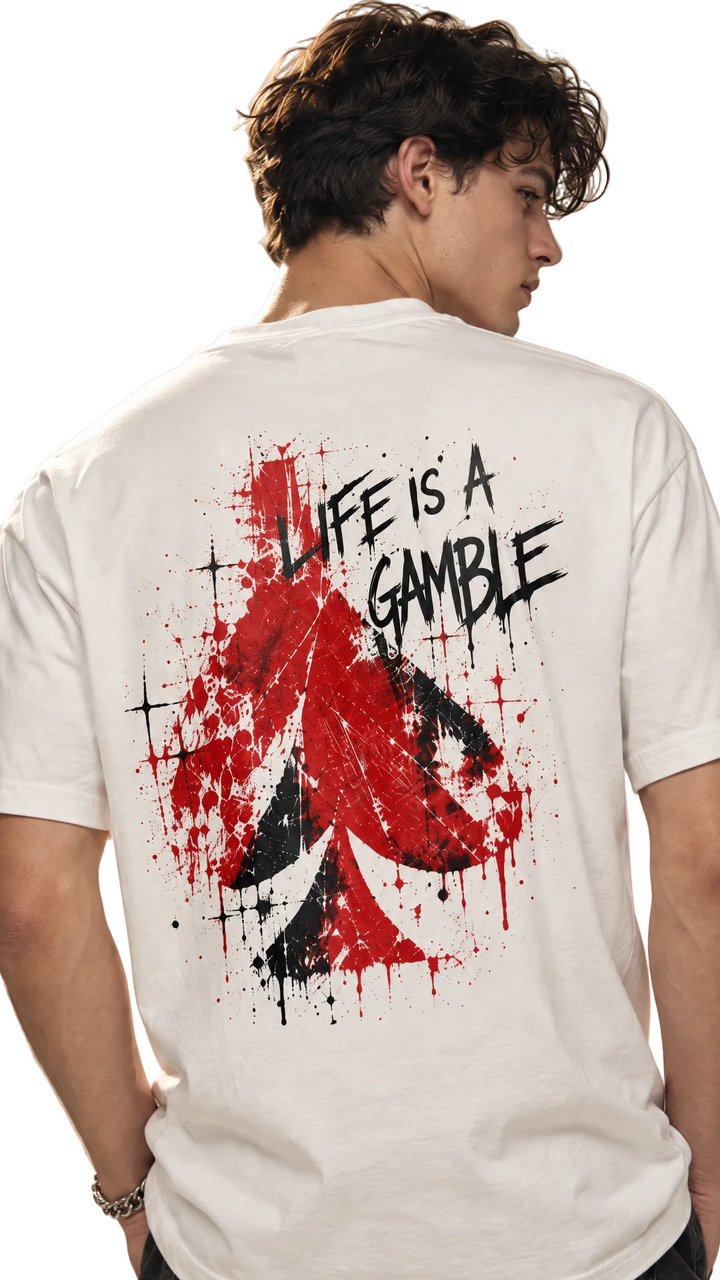 Close-up rear three-quarter view of the back print on the Fortuna tee, Tilted Spades