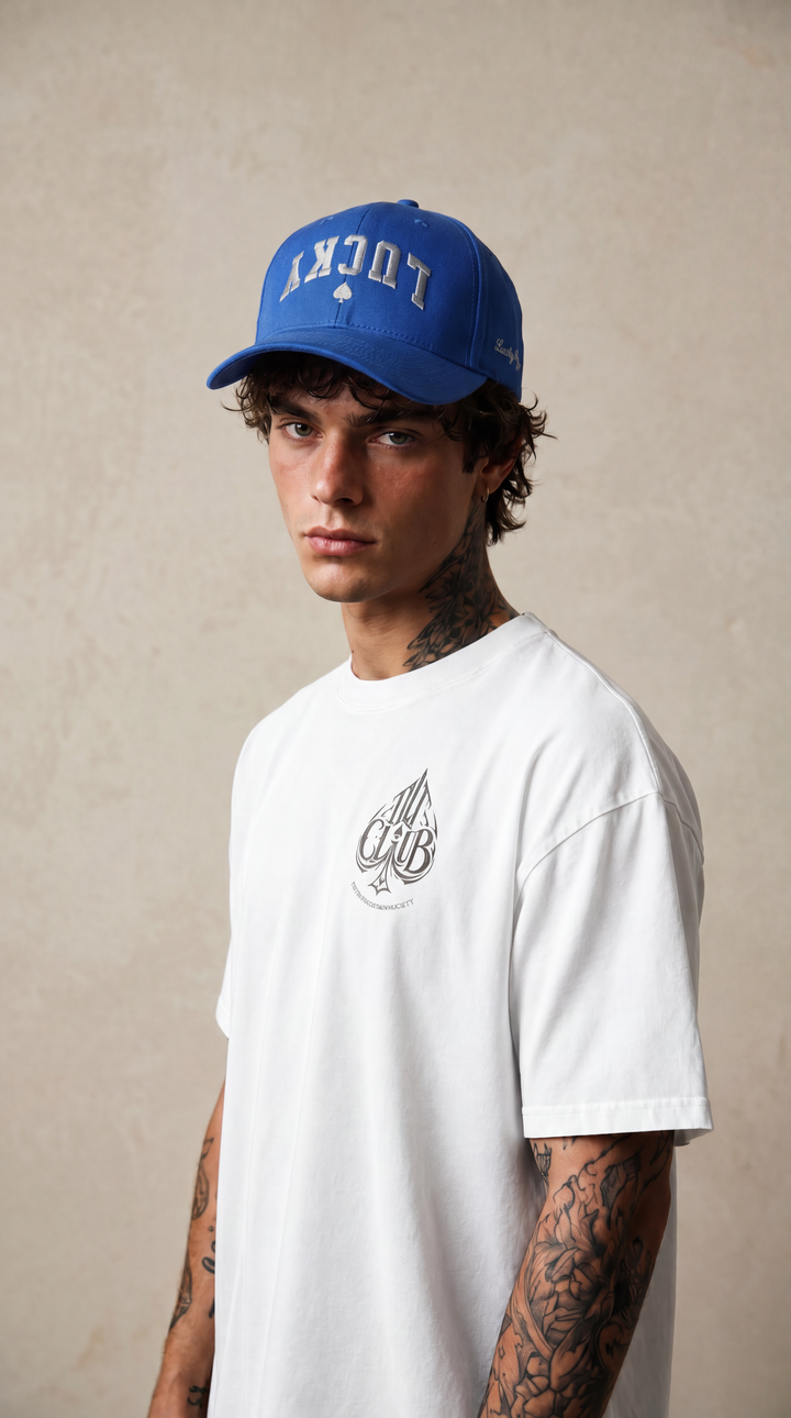 Lucky Spade cap in blue with grey embroidered lettering, Tilted Spades