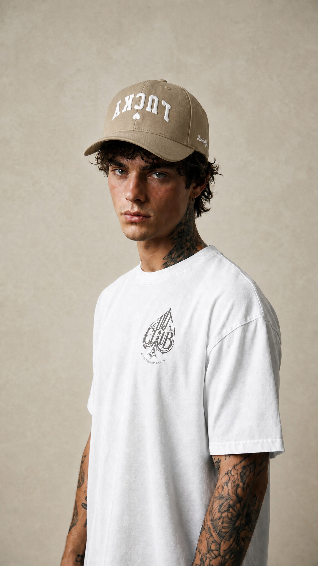 Lucky Spade cap in khaki with white embroidered lettering, Tilted Spades