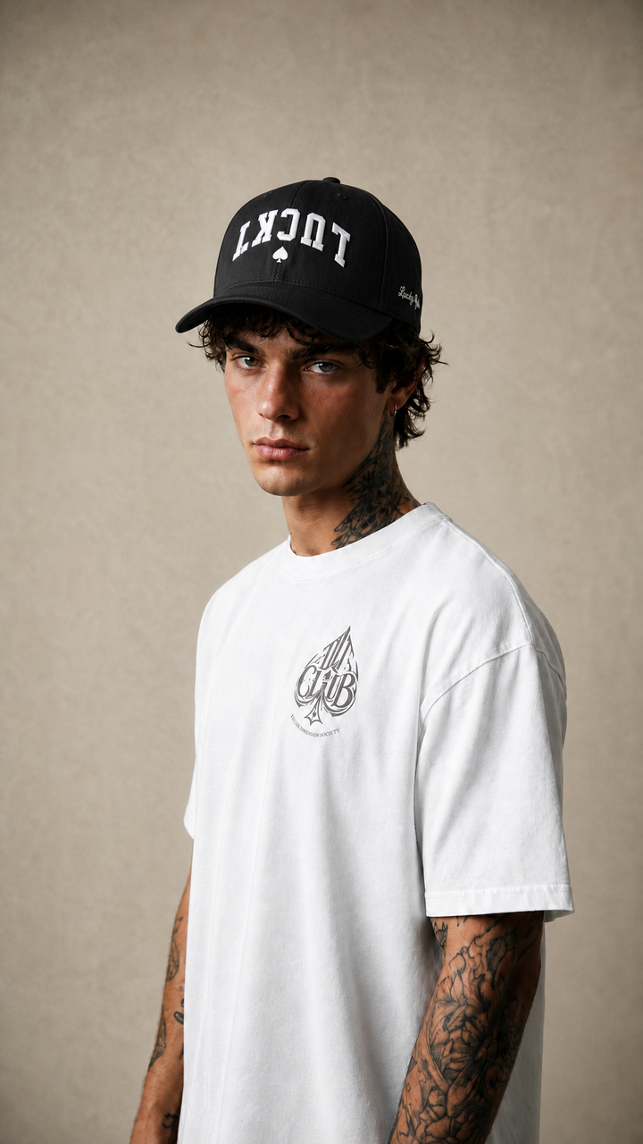 Lucky Spade cap in black with white embroidered lettering, Tilted Spades