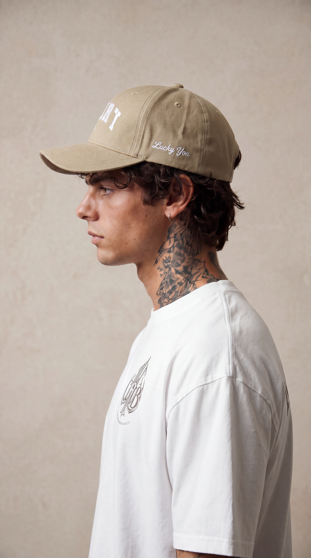 Lucky Spade cap in khaki tan with white embroidery, Tilted Spades