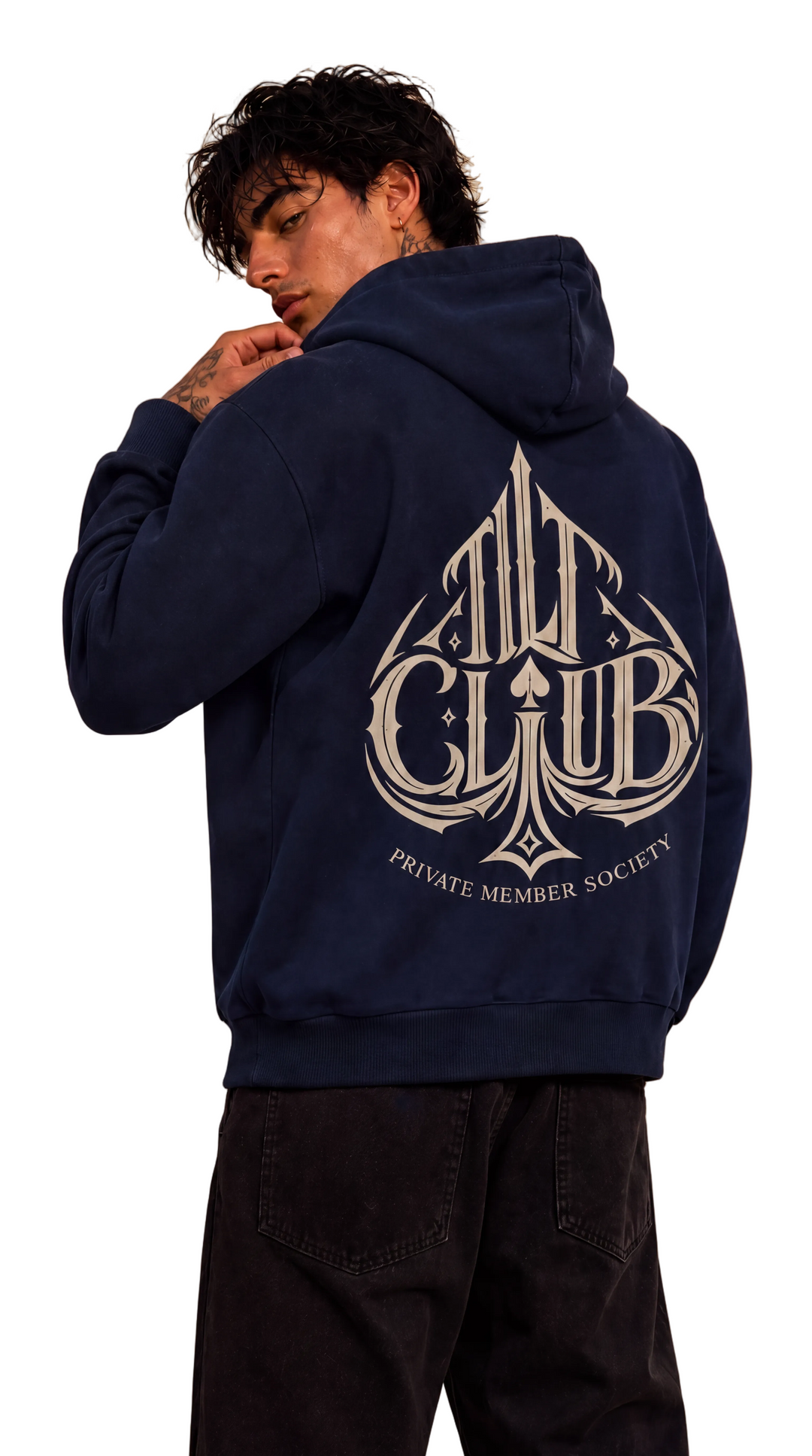 Spyre Full Zip Hoodie in deep navy with TILT CLUB spade back graphic, Tilted Spades