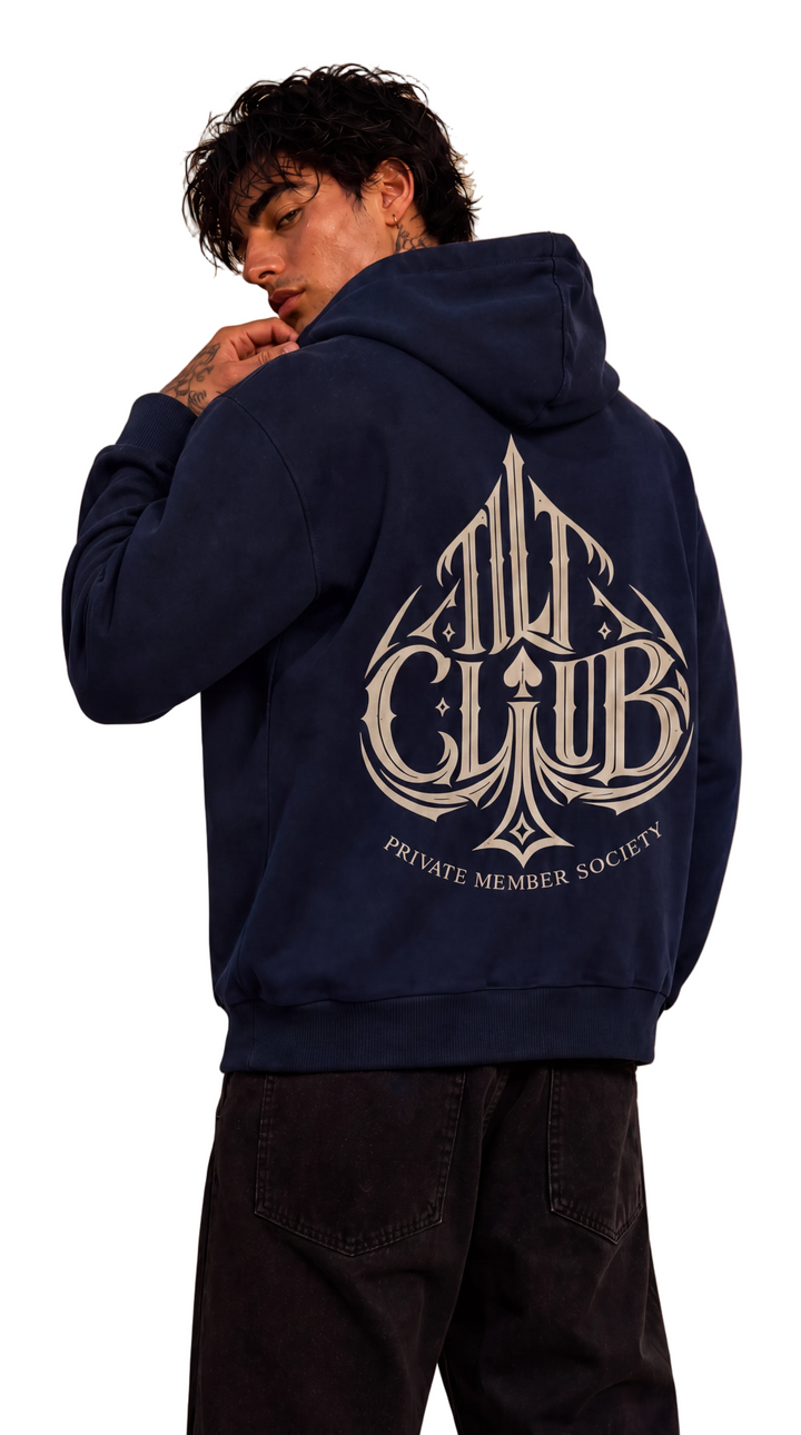 Spyre Full Zip Hoodie in deep navy with TILT CLUB spade back graphic, Tilted Spades