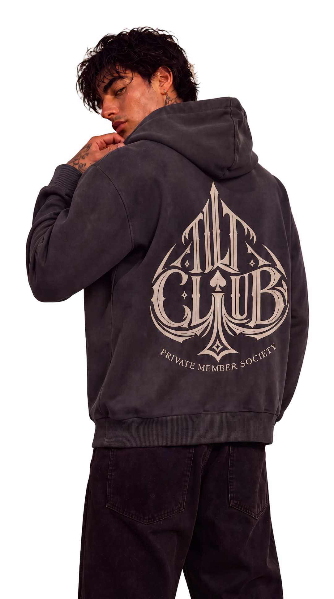 Spyre Full Zip Hoodie in dark charcoal with back graphic, Tilted Spades