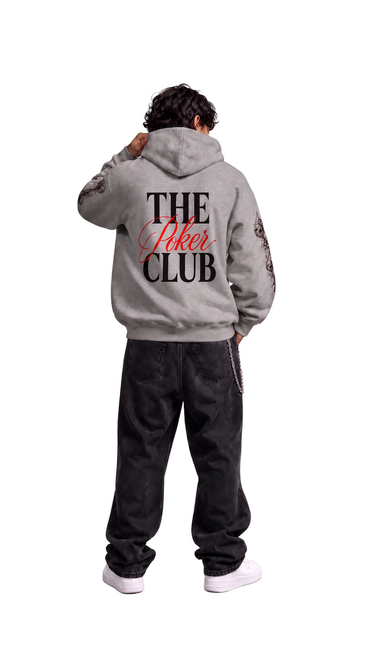 The Club Hoodie II in classic medium grey with sleeve artwork, Tilted Spades