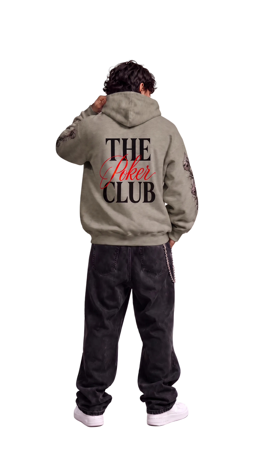 The Club Hoodie II in muted khaki grey with sleeve artwork, Tilted Spades