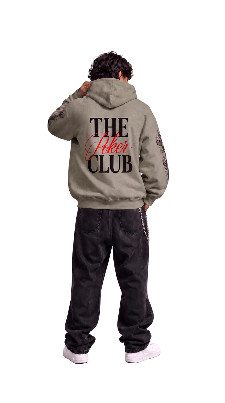 The Club Hoodie II in muted khaki grey with sleeve artwork, Tilted Spades