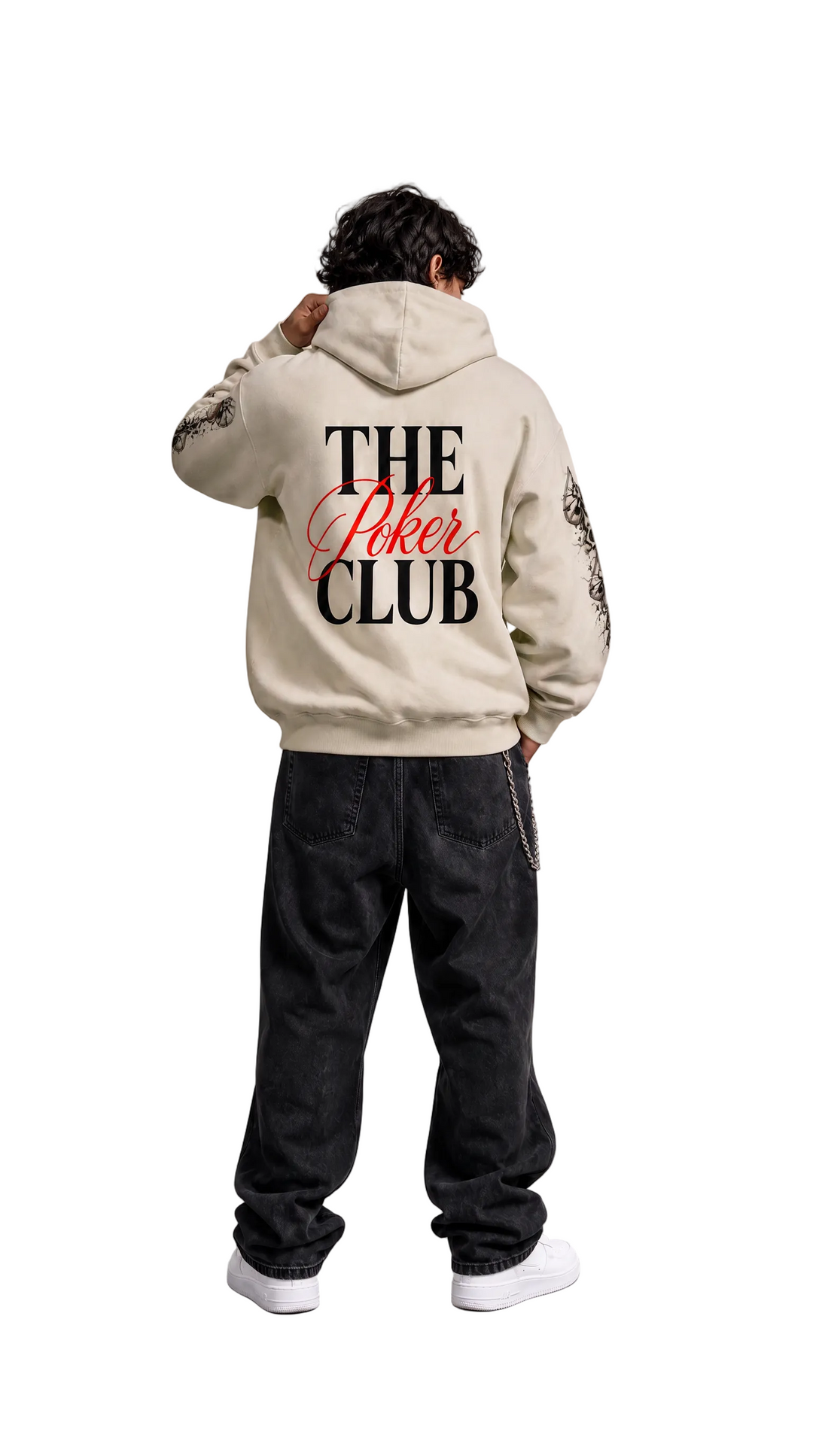 The Club Hoodie II in muted oat grey, front graphic, Tilted Spades