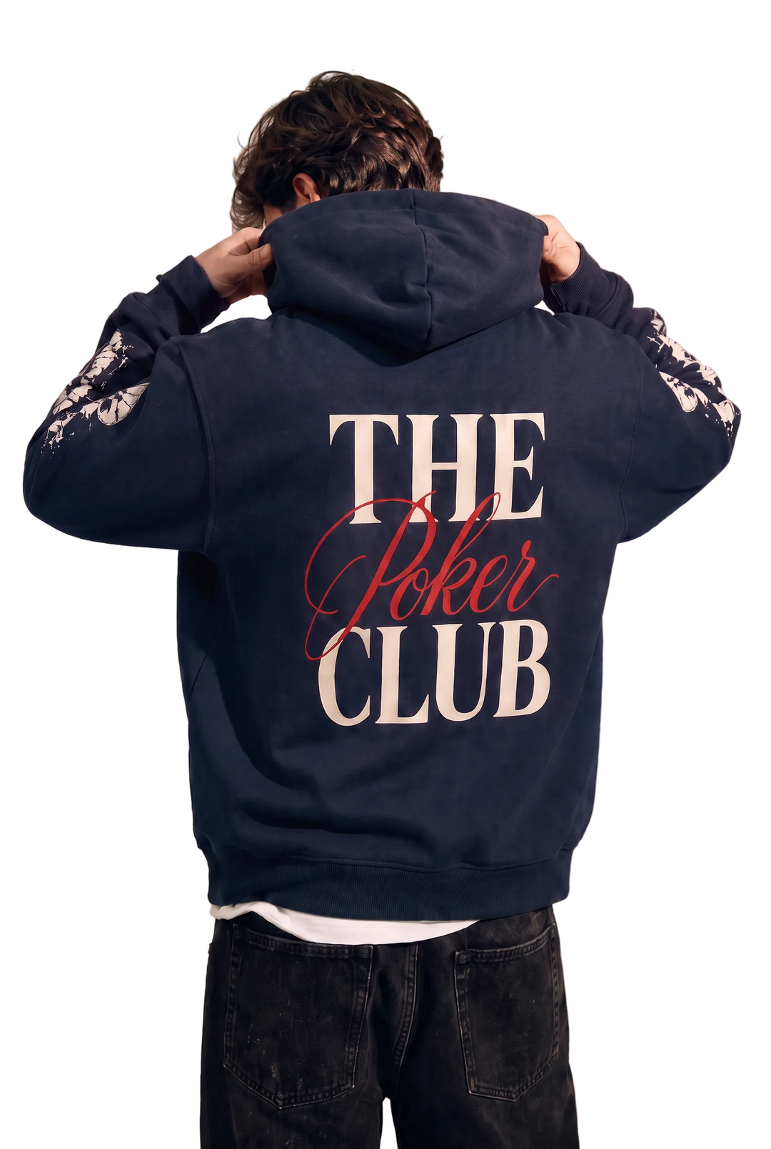 The Club Cracked Spade Hoodie in deep navy with sleeve graphics, Tilted Spades