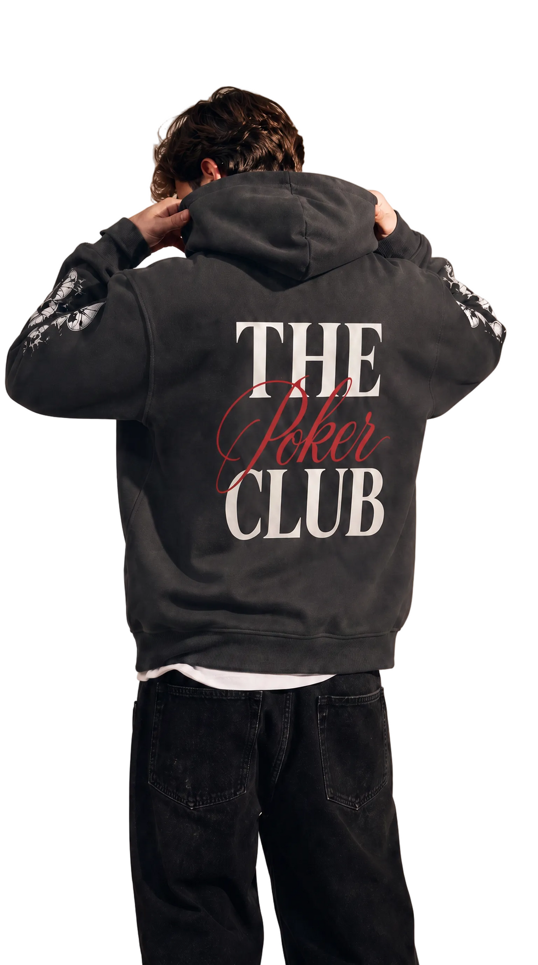 The Club Cracked Spade Hoodie in dark charcoal grey, Tilted Spades