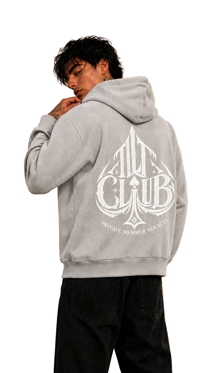 Spyre Full Zip Hoodie in light grey with back graphic, Tilted Spades