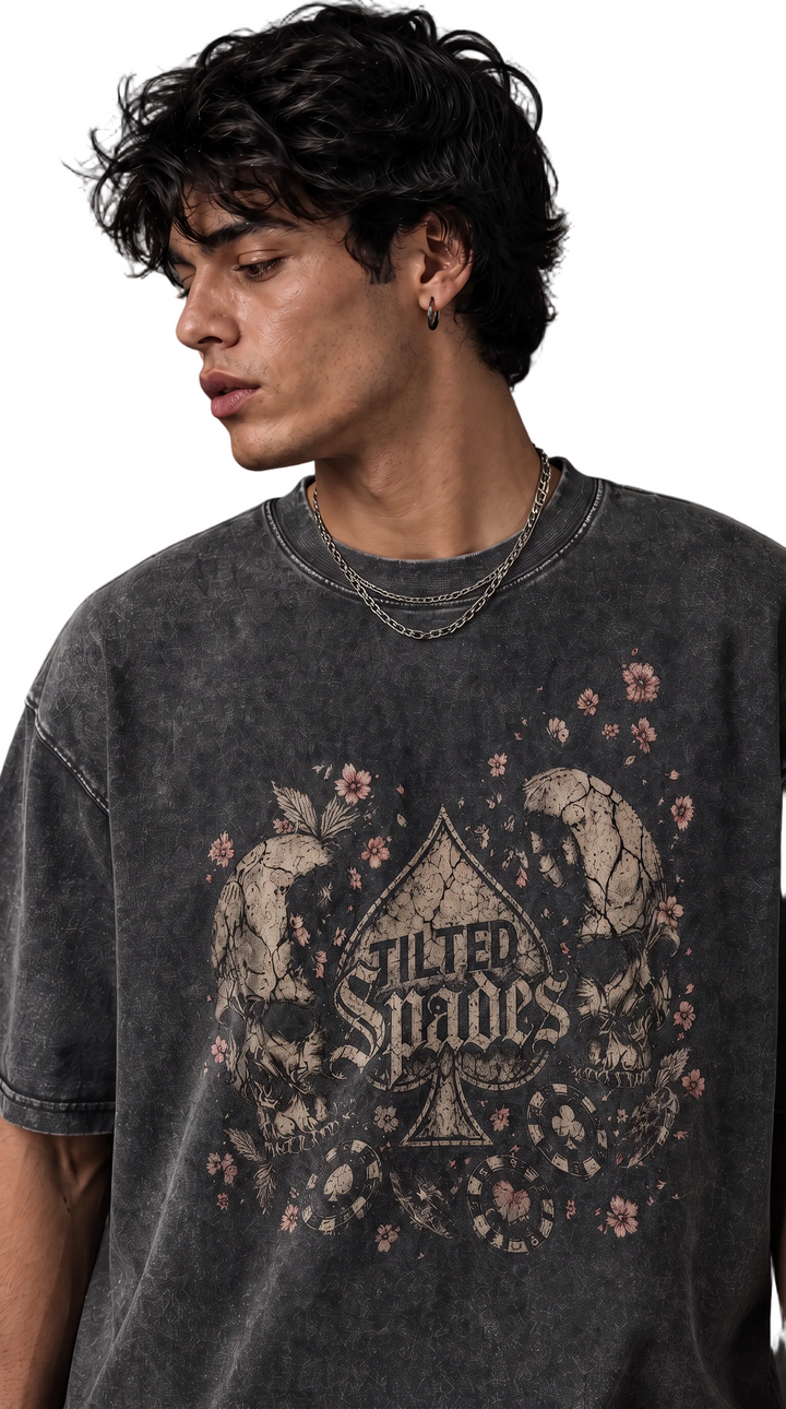 No Saints tee in dark grey mineral wash with skull graphic, Tilted Spades