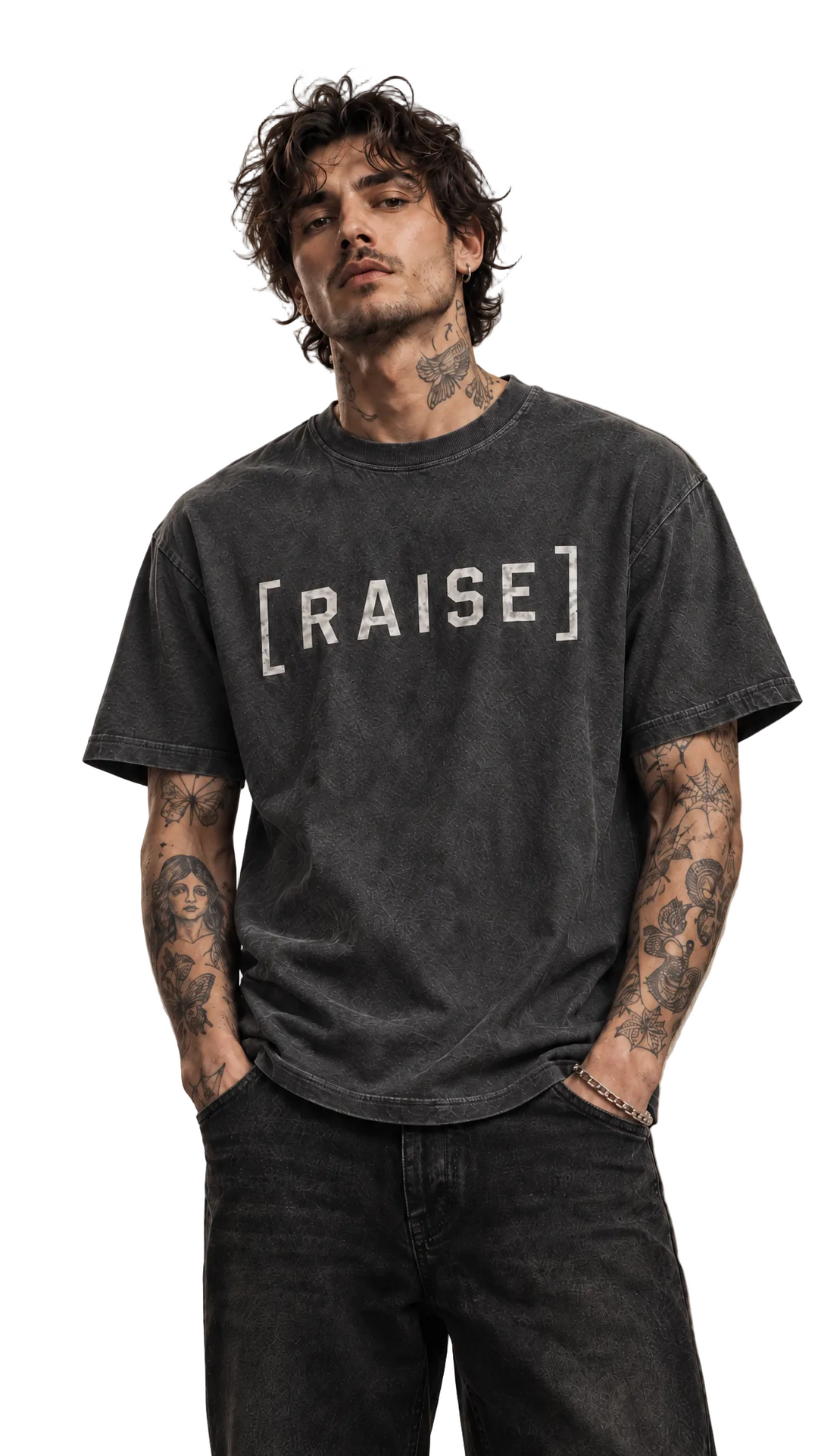 Raise The Stakes tee in dark charcoal grey with RAISE chest graphic, Tilted Spades