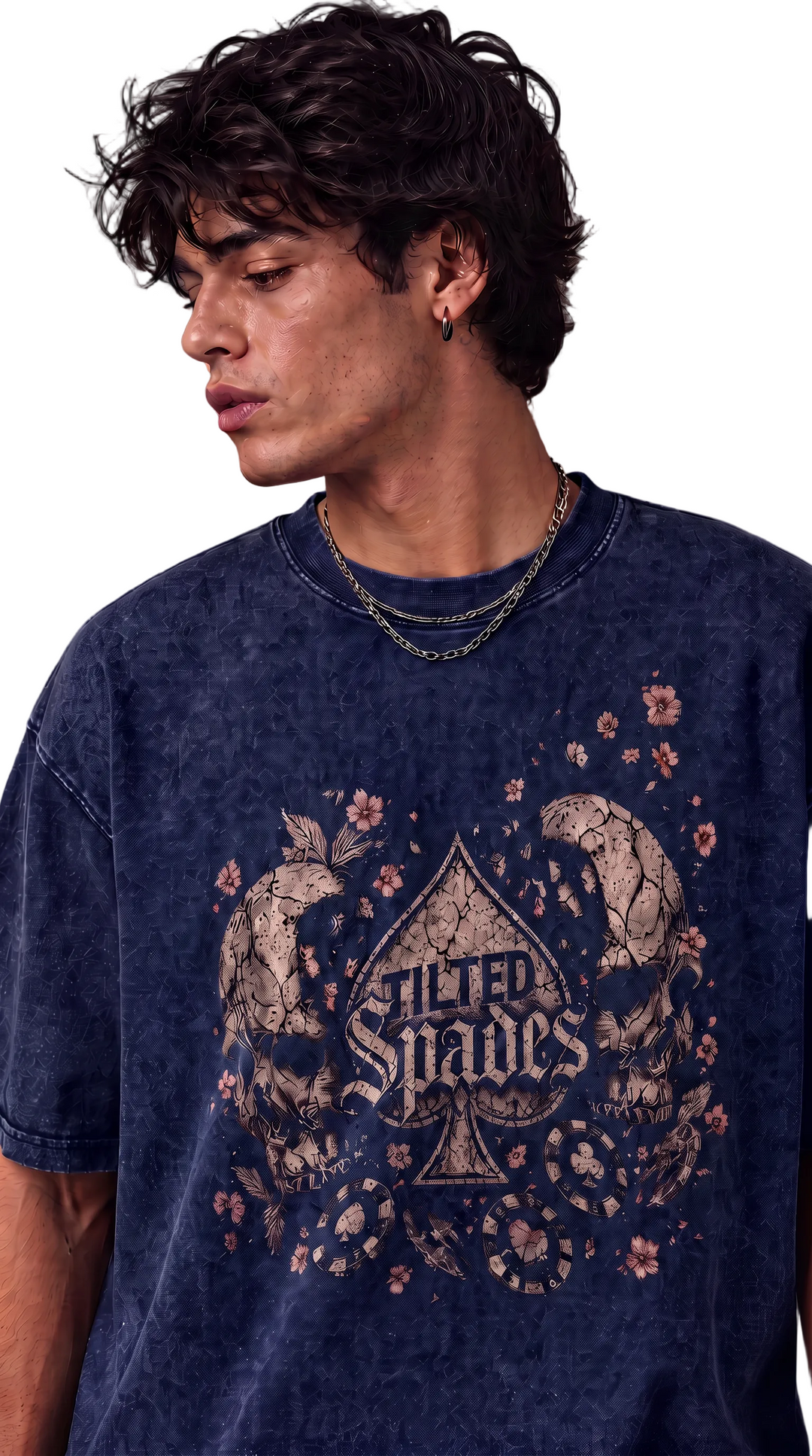 No Saints tee in dark navy mineral wash with skull graphic, Tilted Spades