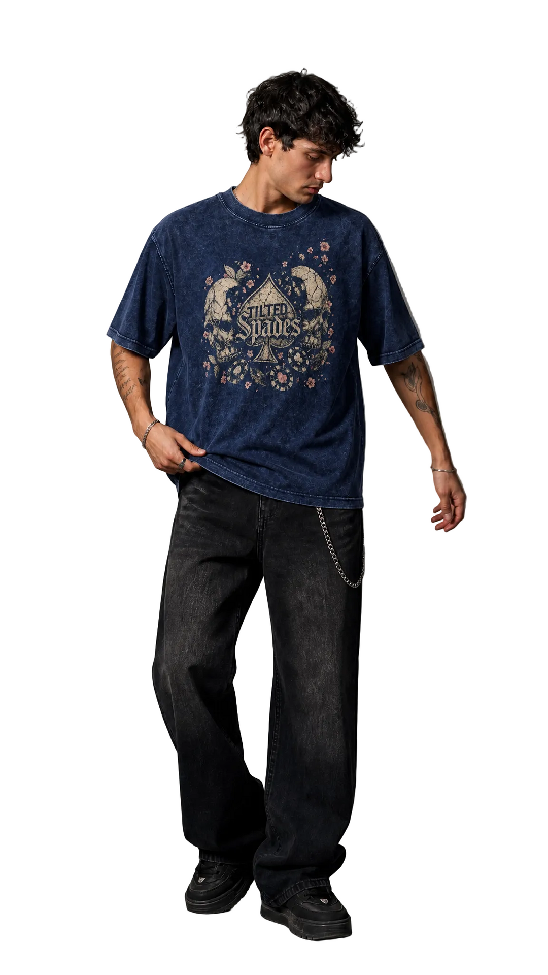 No Saints tee in dark navy mineral wash, distressed skull print, Tilted Spades
