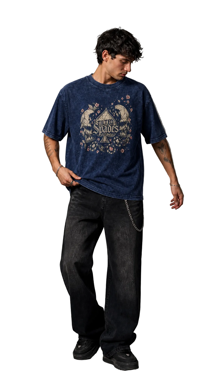 No Saints tee in dark navy mineral wash, distressed skull print, Tilted Spades