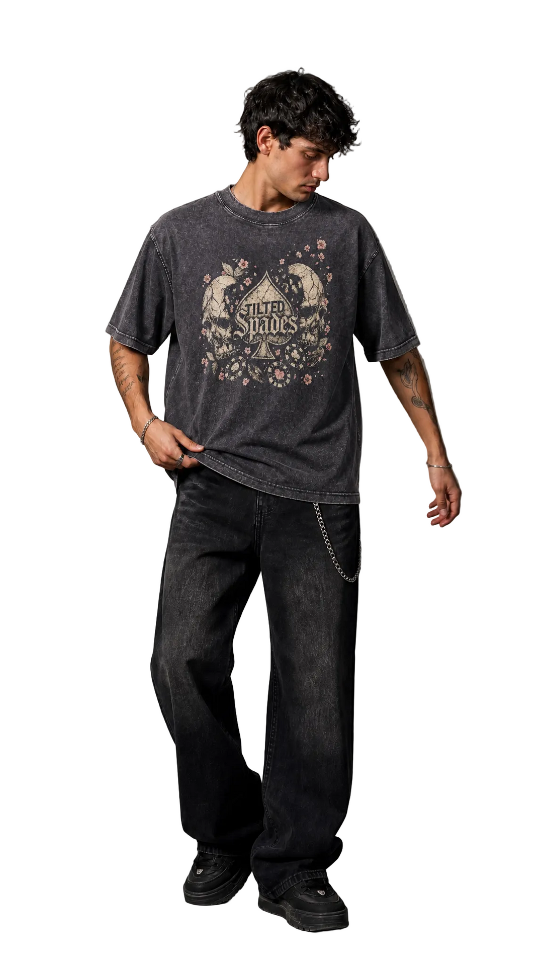 No Saints tee in dark grey mineral wash, skull graphic detail, Tilted Spades