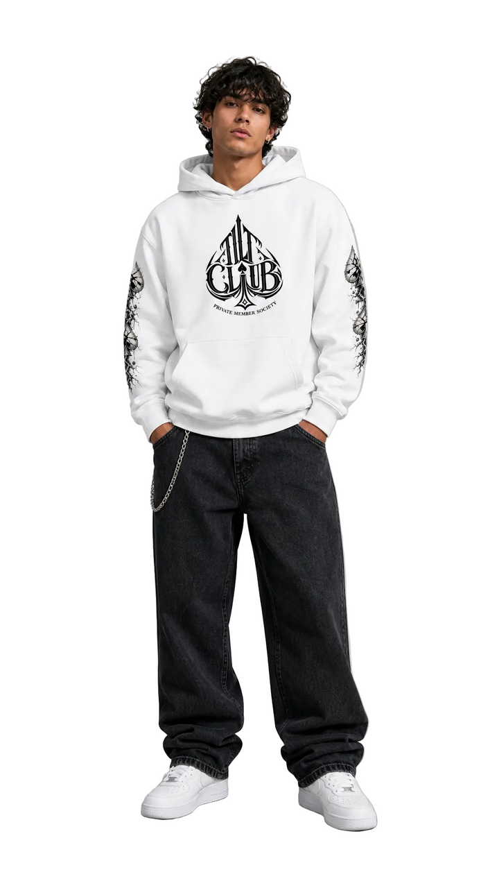 Front-facing full-body view of The Club Cracked Spade Hoodie II, Tilted Spades