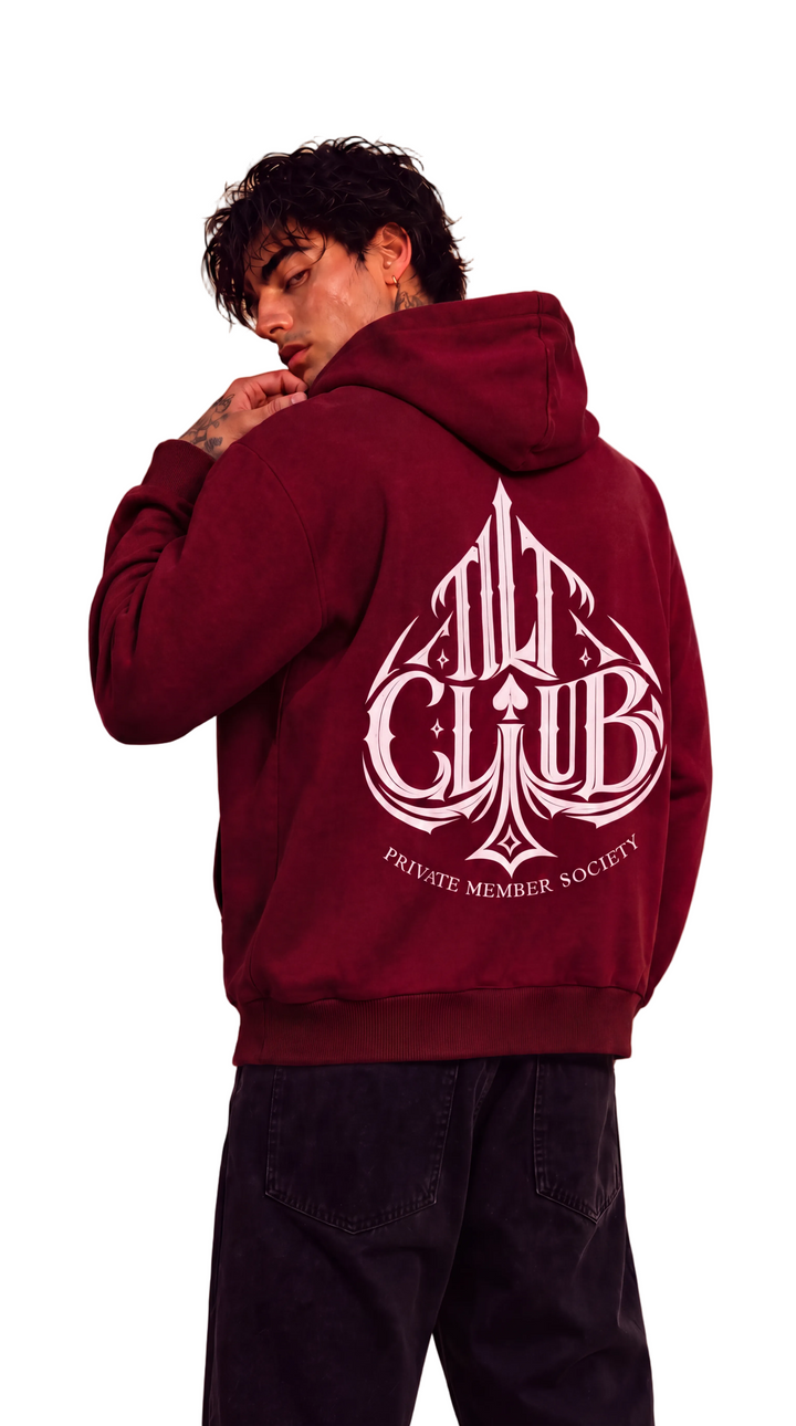 Spyre Full Zip Hoodie in deep burgundy red, Tilted Spades