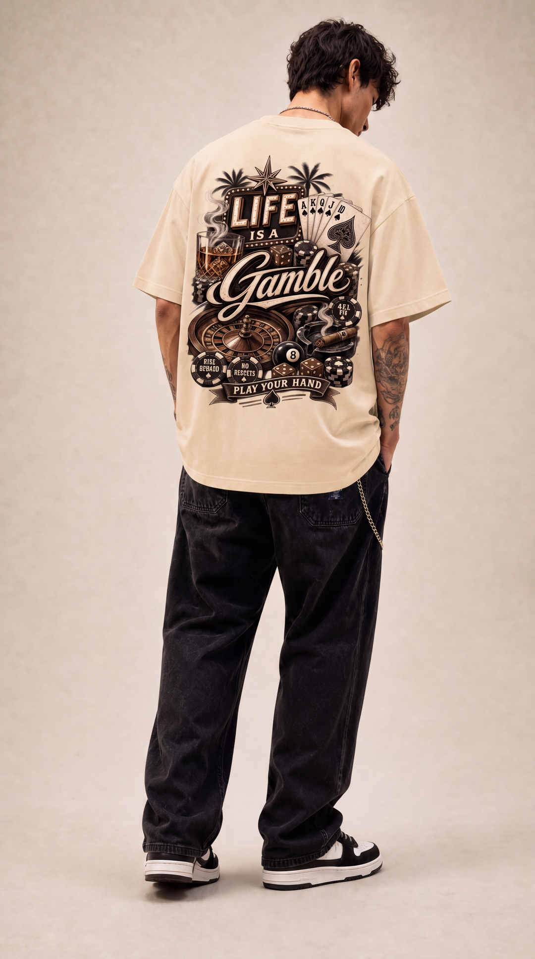 Life is a Gamble tee in apricot khaki tone, back view, Tilted Spades