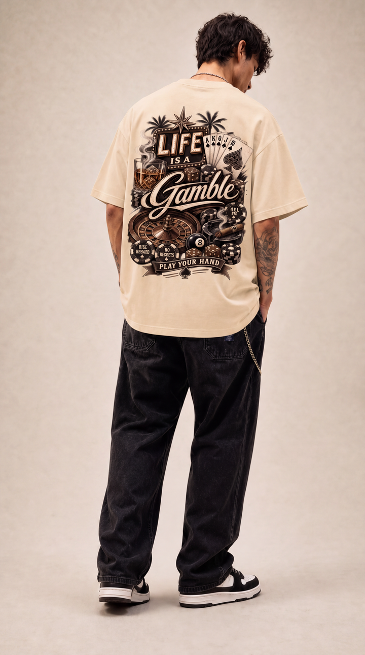 Life is a Gamble tee in apricot khaki tone, back view, Tilted Spades