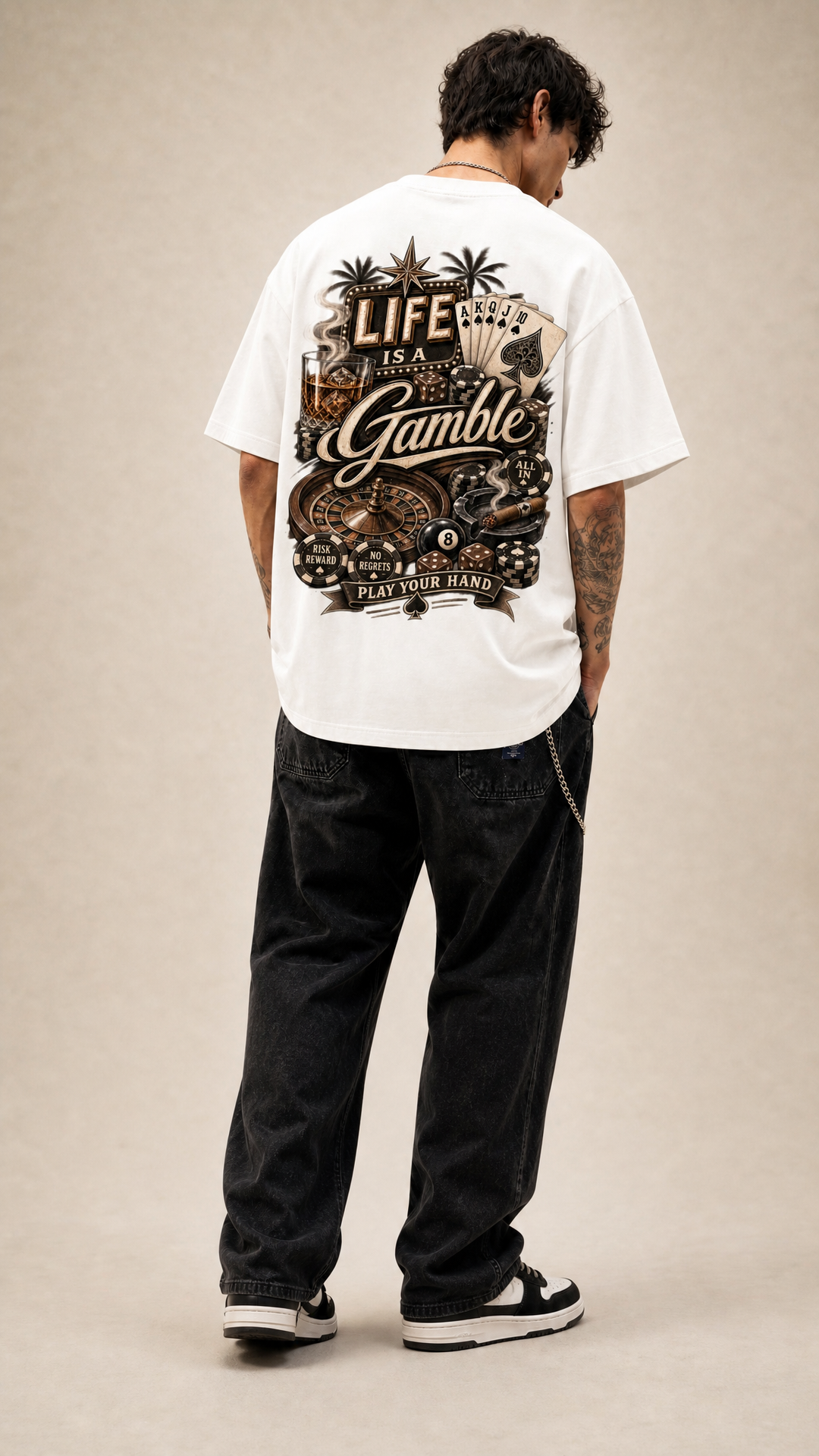 Life is a Gamble tee in white, oversized fit, back view, Tilted Spades