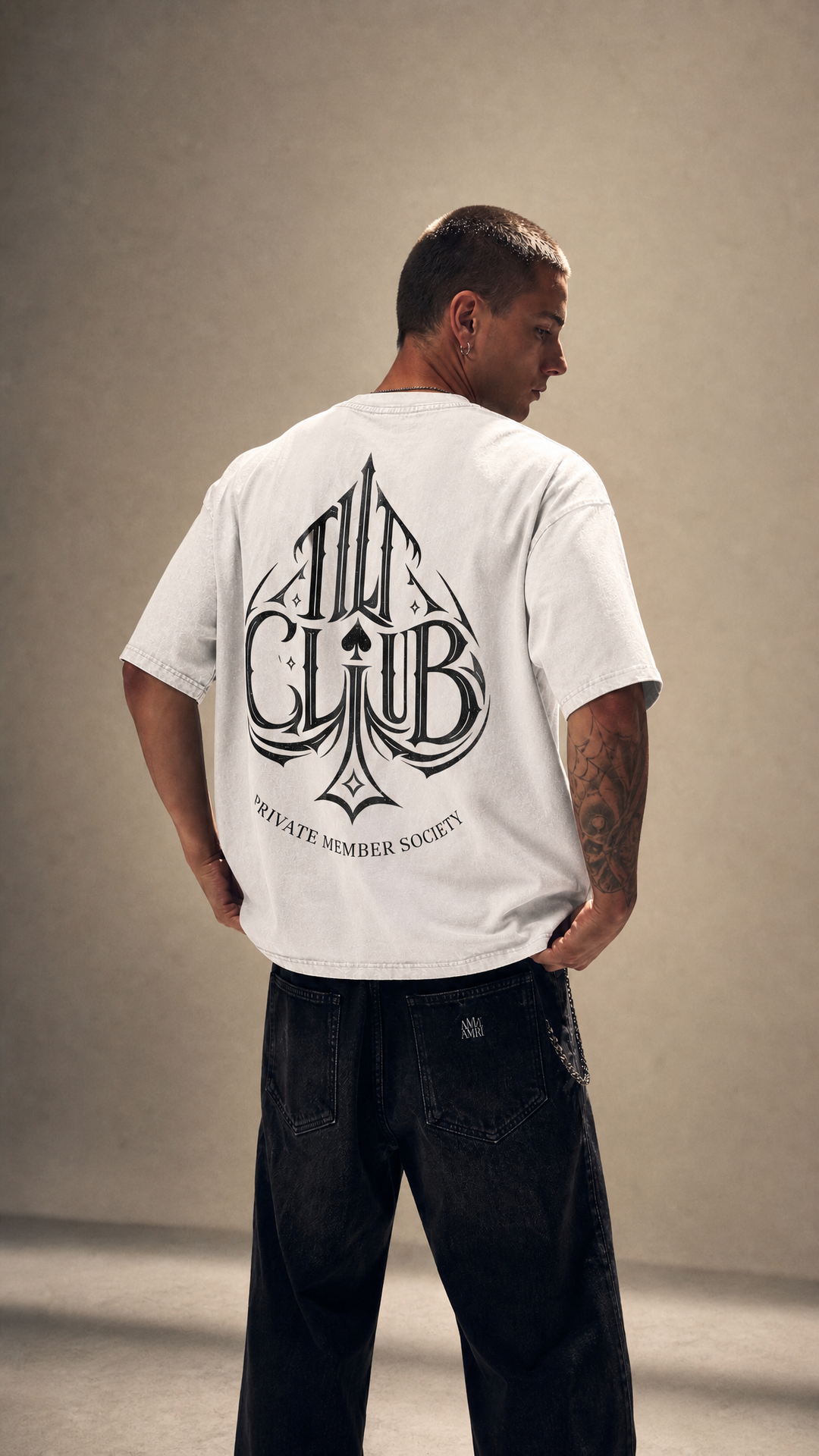 White oversized Spyre Essential tee with large back graphic, Tilted Spades