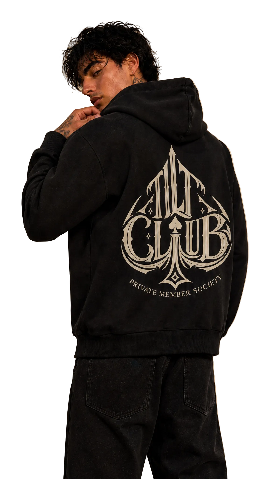 Upper-body crop of the Spyre Full Zip Hoodie showing the large back graphic, Tilted Spades