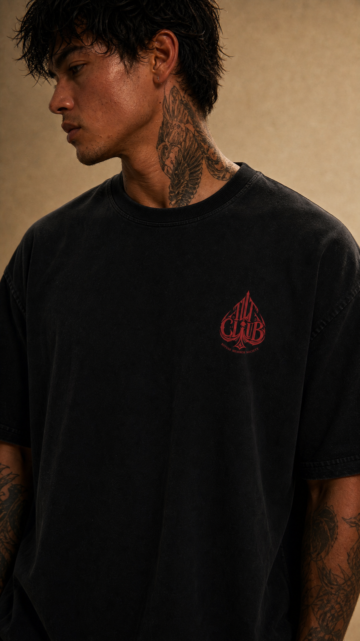 Front left-chest view of the Joker Mentality black tee, Tilted Spades