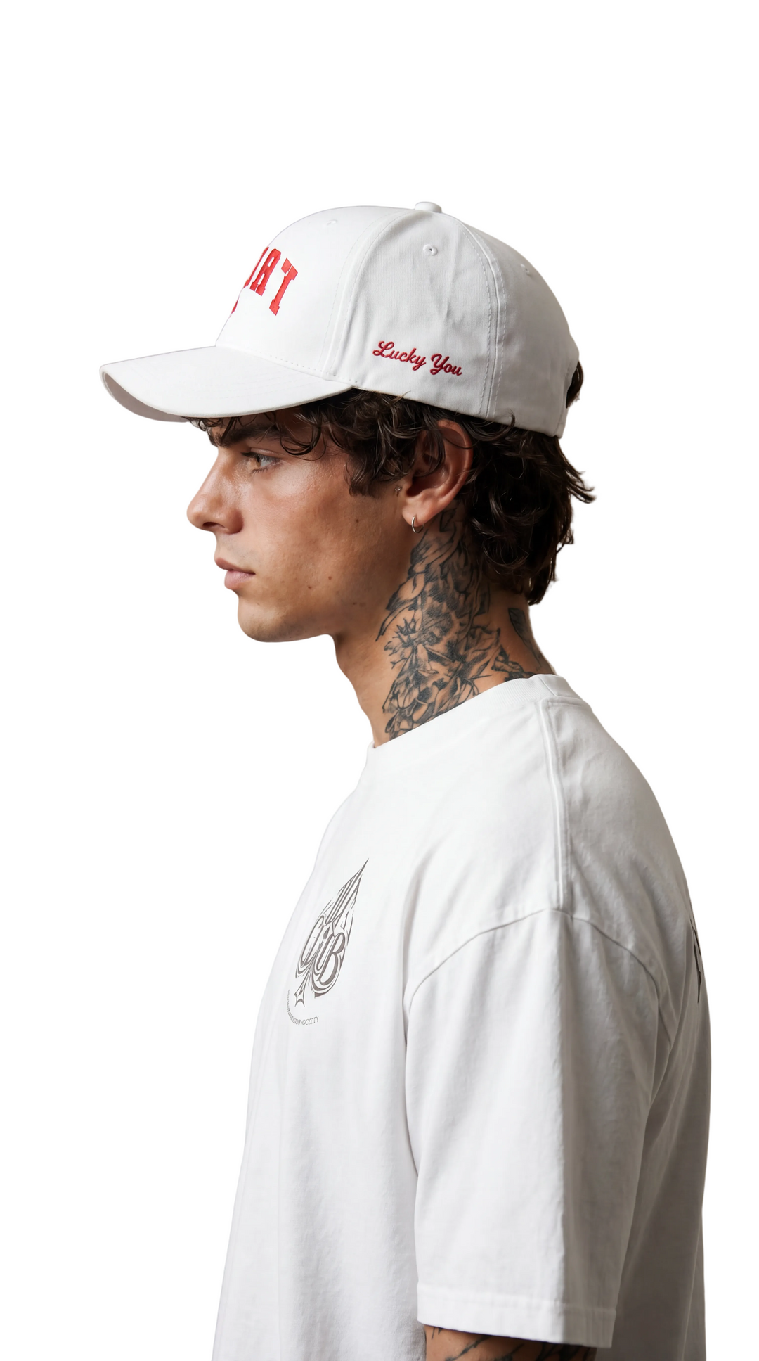 Side profile showing red Lucky You embroidery on the cap&