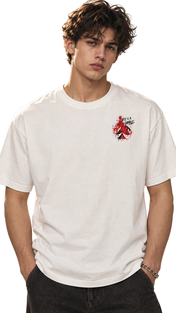 Front view of the Fortuna tee with distressed spade graphic, Tilted Spades