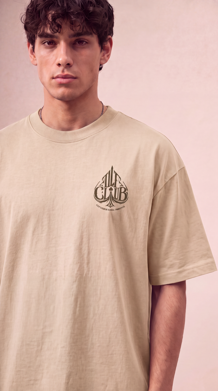 Life is a Gamble tee in apricot khaki, front close-up, Tilted Spades