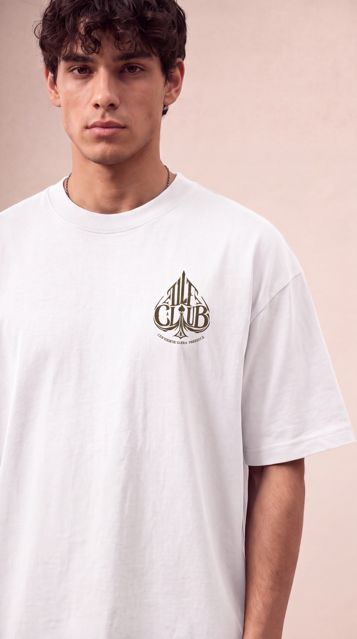 Life is a Gamble tee in white, front close-up, Tilted Spades