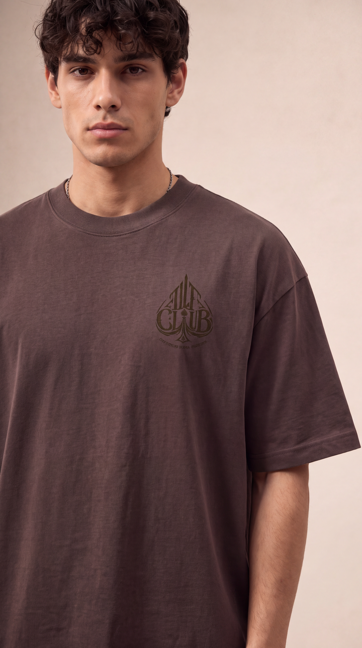 Front close-up of the upper torso wearing the Life is a Gamble tee, Tilted Spades