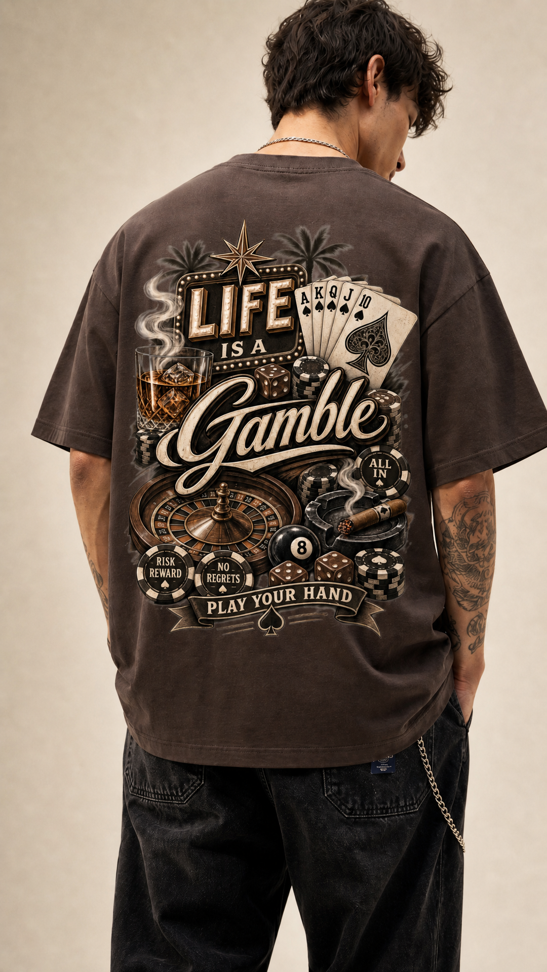 Tighter shot of the casino back graphic on the Life is a Gamble tee, Tilted Spades
