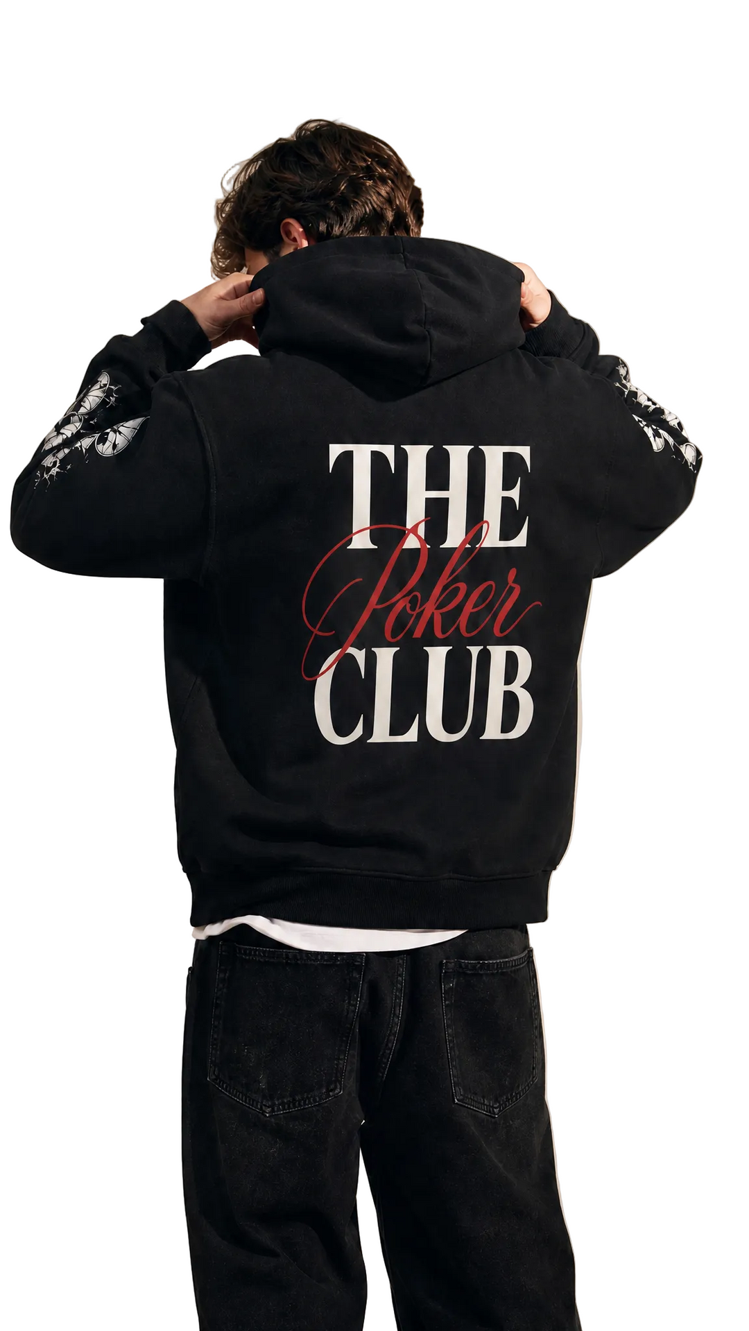 Closer crop of the back graphic on The Club Cracked Spade Hoodie, Tilted Spades