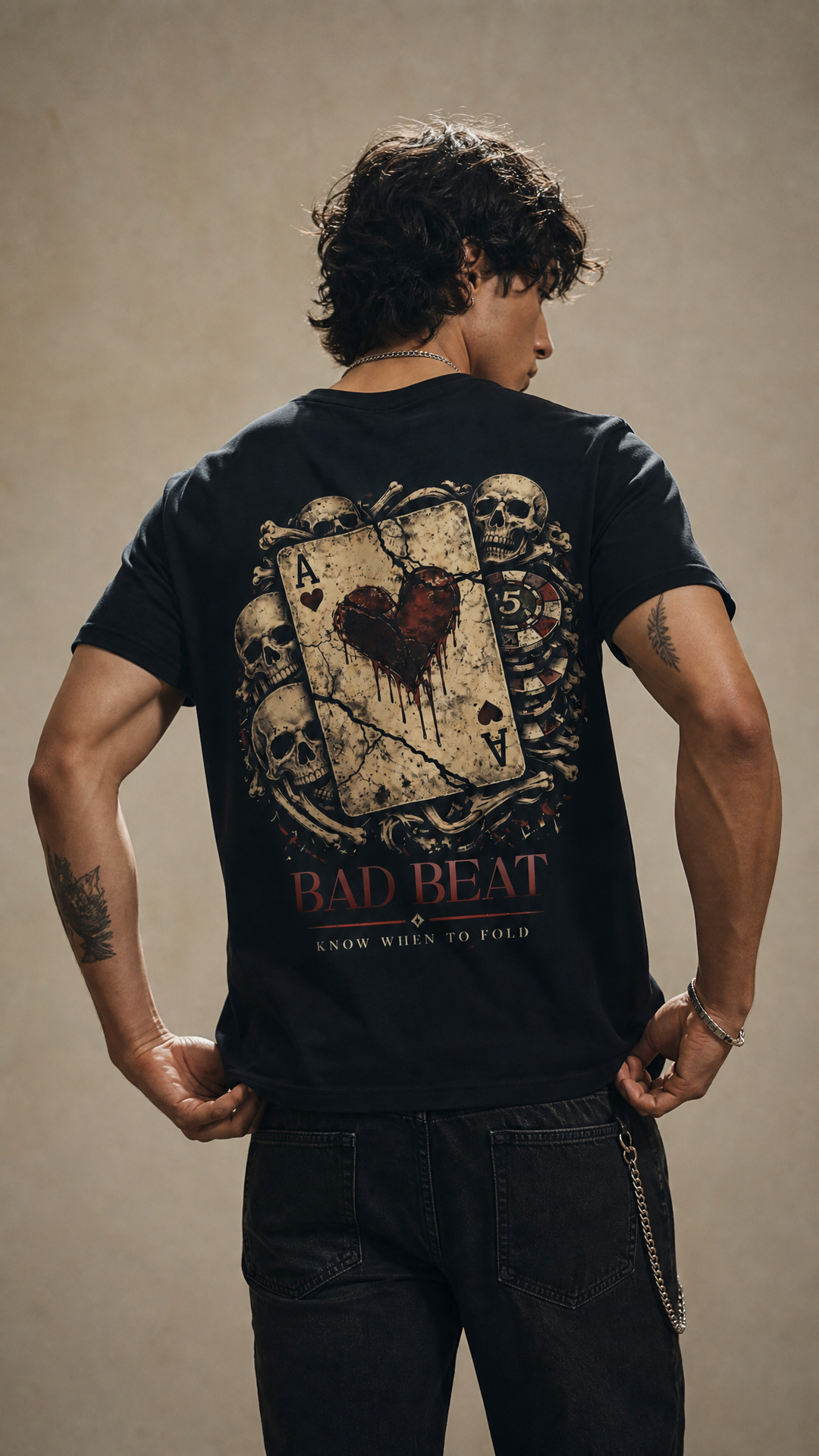 Model wearing the back design of the Bad Beat cotton poker shirt, Tilted Spades