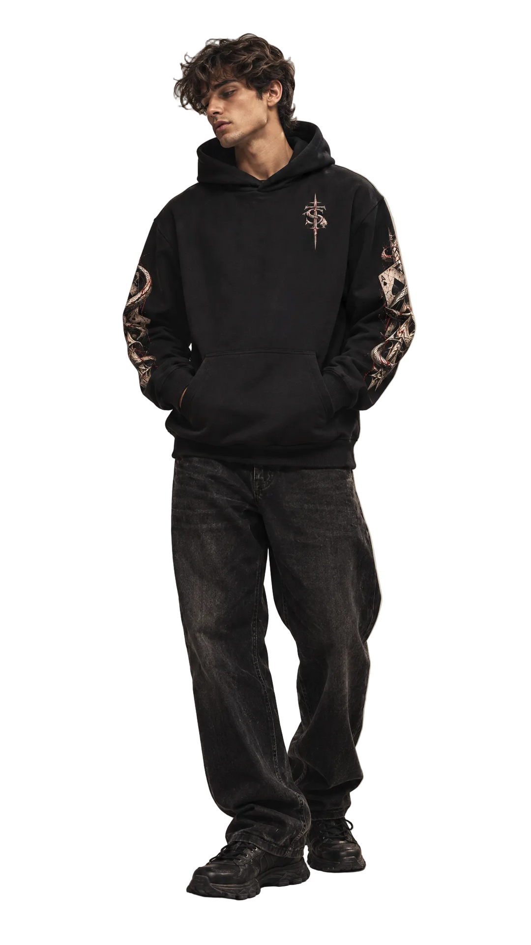 Male model wearing the Royal Venom Hoodie, white studio, Tilted Spades