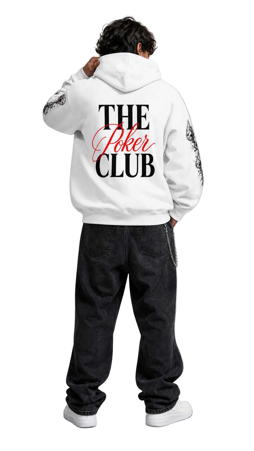 Male model wearing the back design of The Club Cracked Spade Hoodie II, Tilted Spades