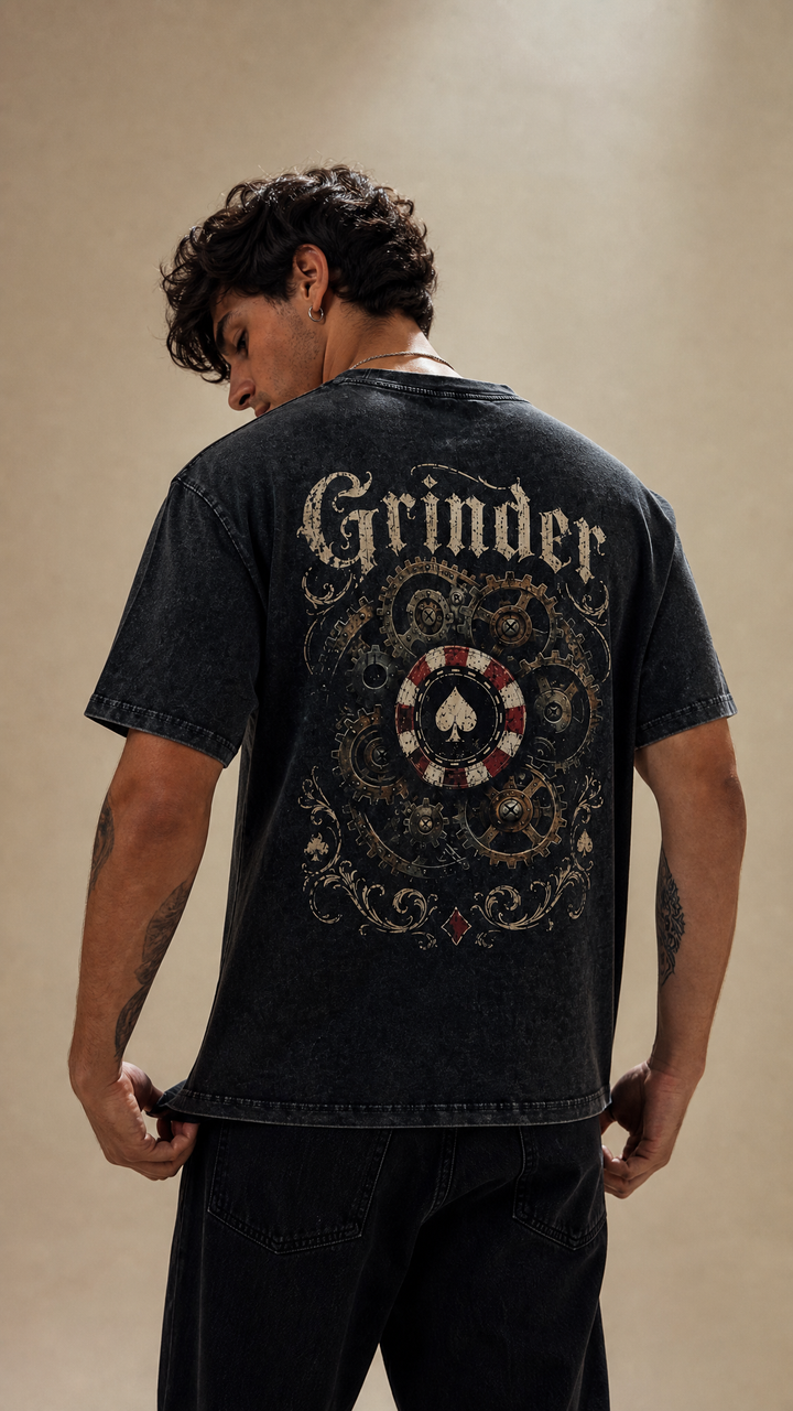 Model wearing the back design of The Grinder tee, Tilted Spades
