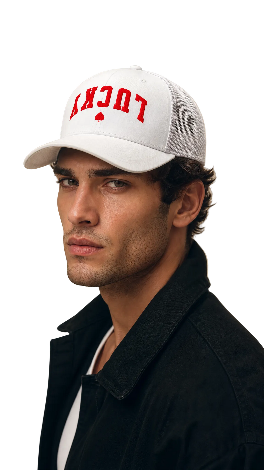 Close-up of a model wearing the Lucky Spade Trucker Cap, white studio, Tilted Spades