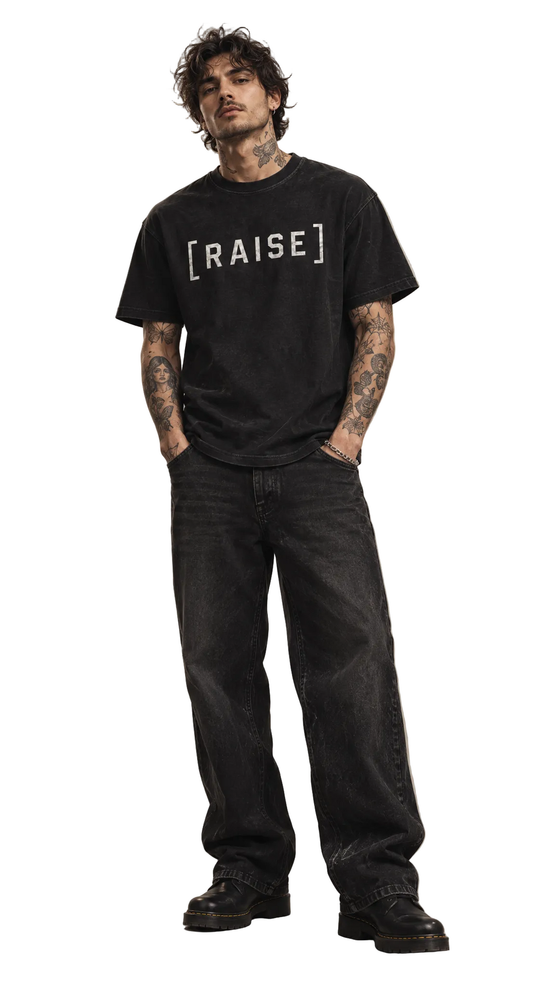 Male model with tattoos wearing the Raise The Stakes tee, white studio, Tilted Spades