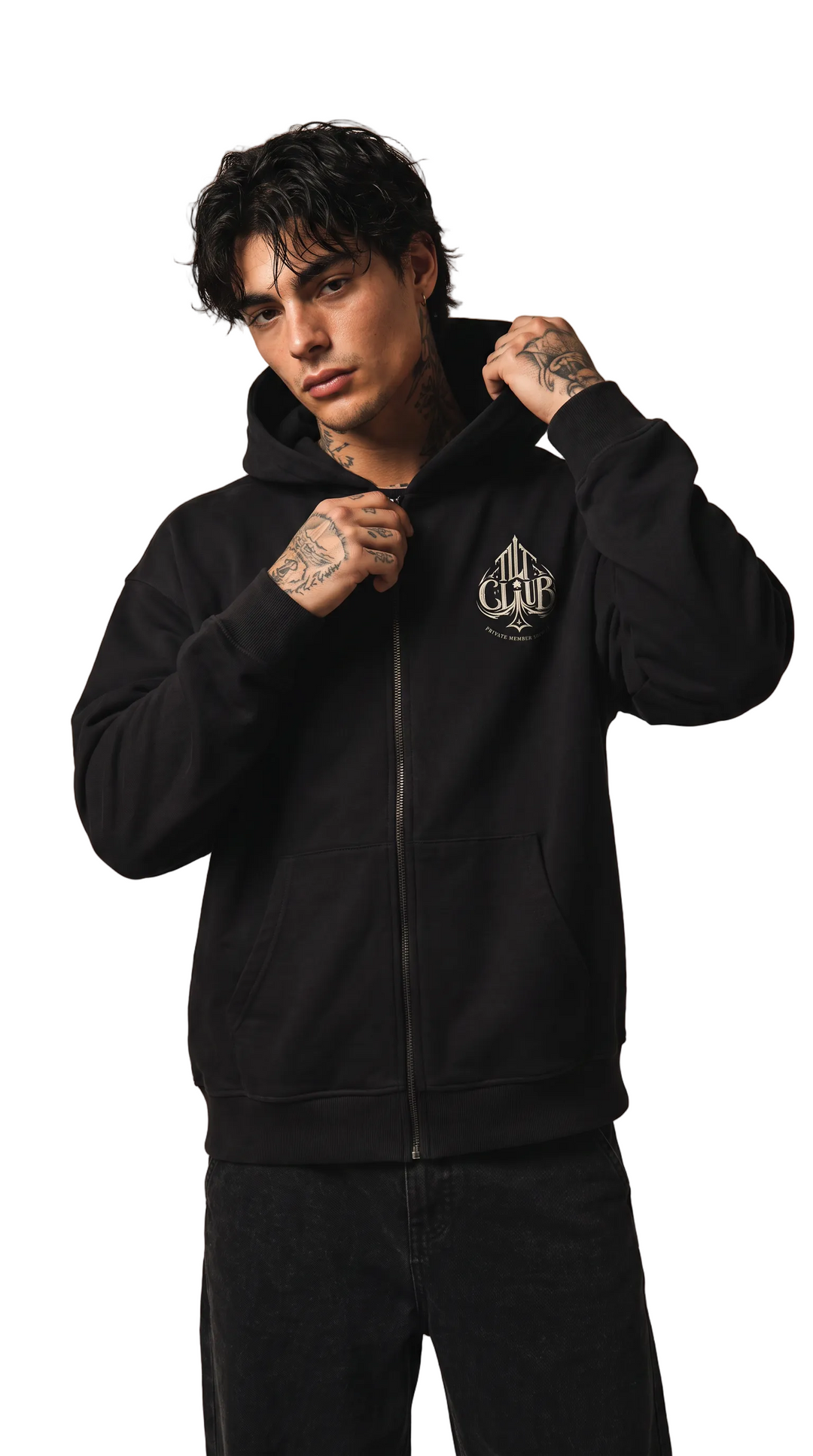 Model wearing the Spyre Full Zip Hoodie, white studio, Tilted Spades