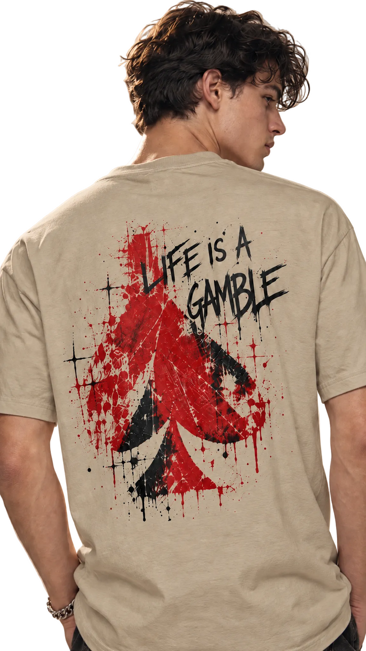 Fortuna tee in a natural khaki tone, back design, Tilted Spades