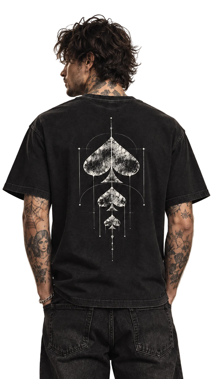 Rear upper-body portrait of the Raise The Stakes tee with back spade artwork, Tilted Spades