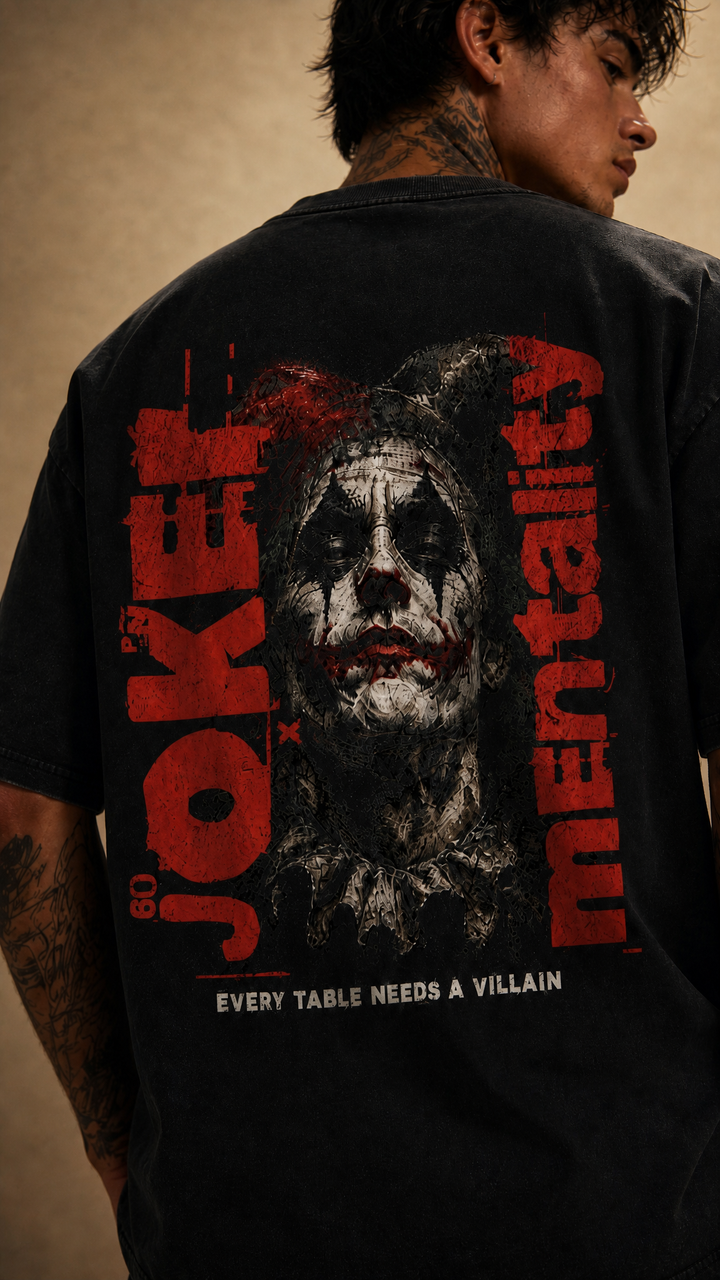 Close-up of the Joker Mentality back graphic, Tilted Spades