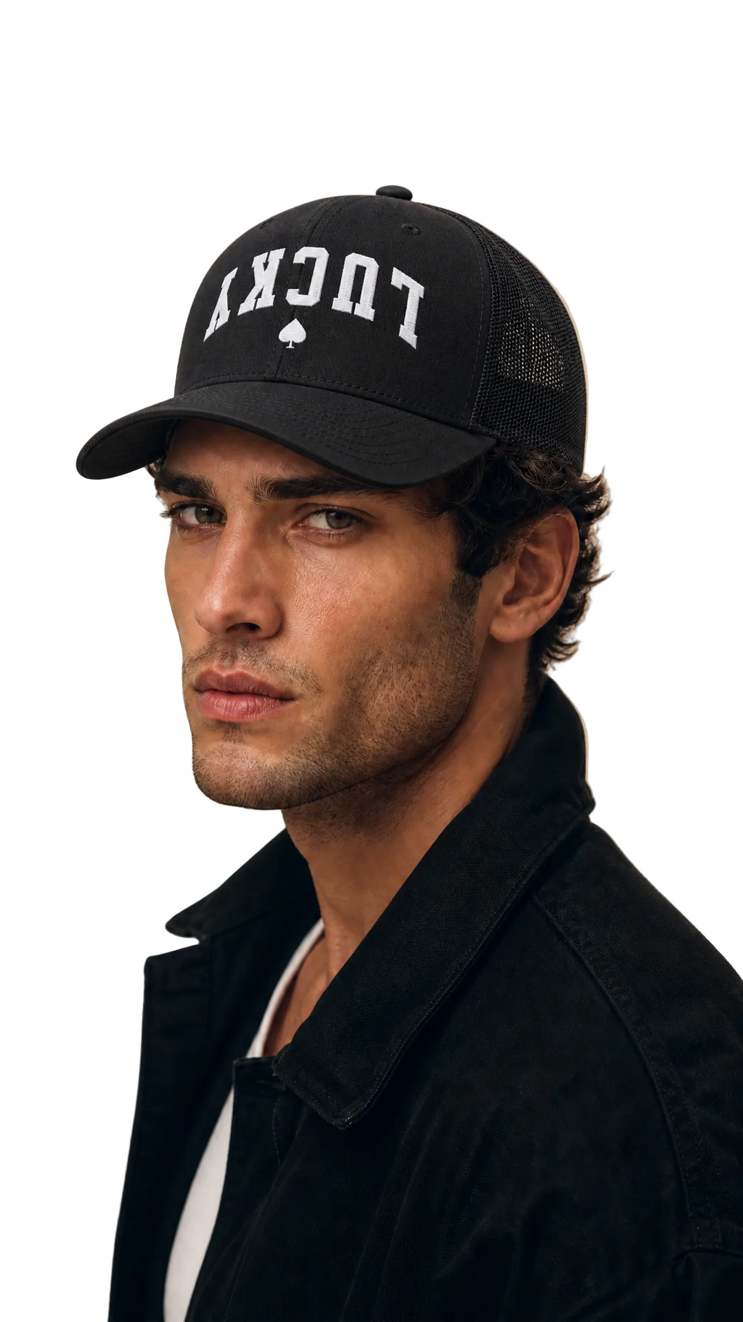 Black mesh trucker cap with white LUCKY embroidery, Tilted Spades