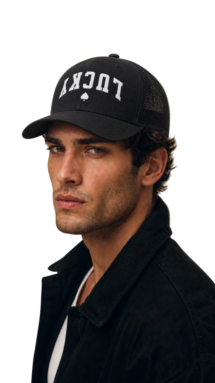 Black mesh trucker cap with white LUCKY embroidery, Tilted Spades